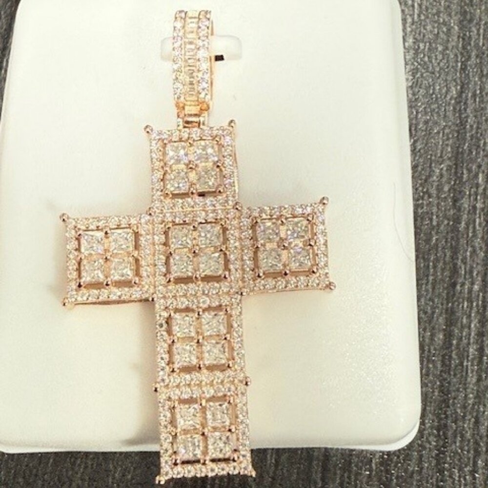 2" Rose Gold 925 Cross Pendant with 3.00 CT Genuine Moissanite Stones NEW